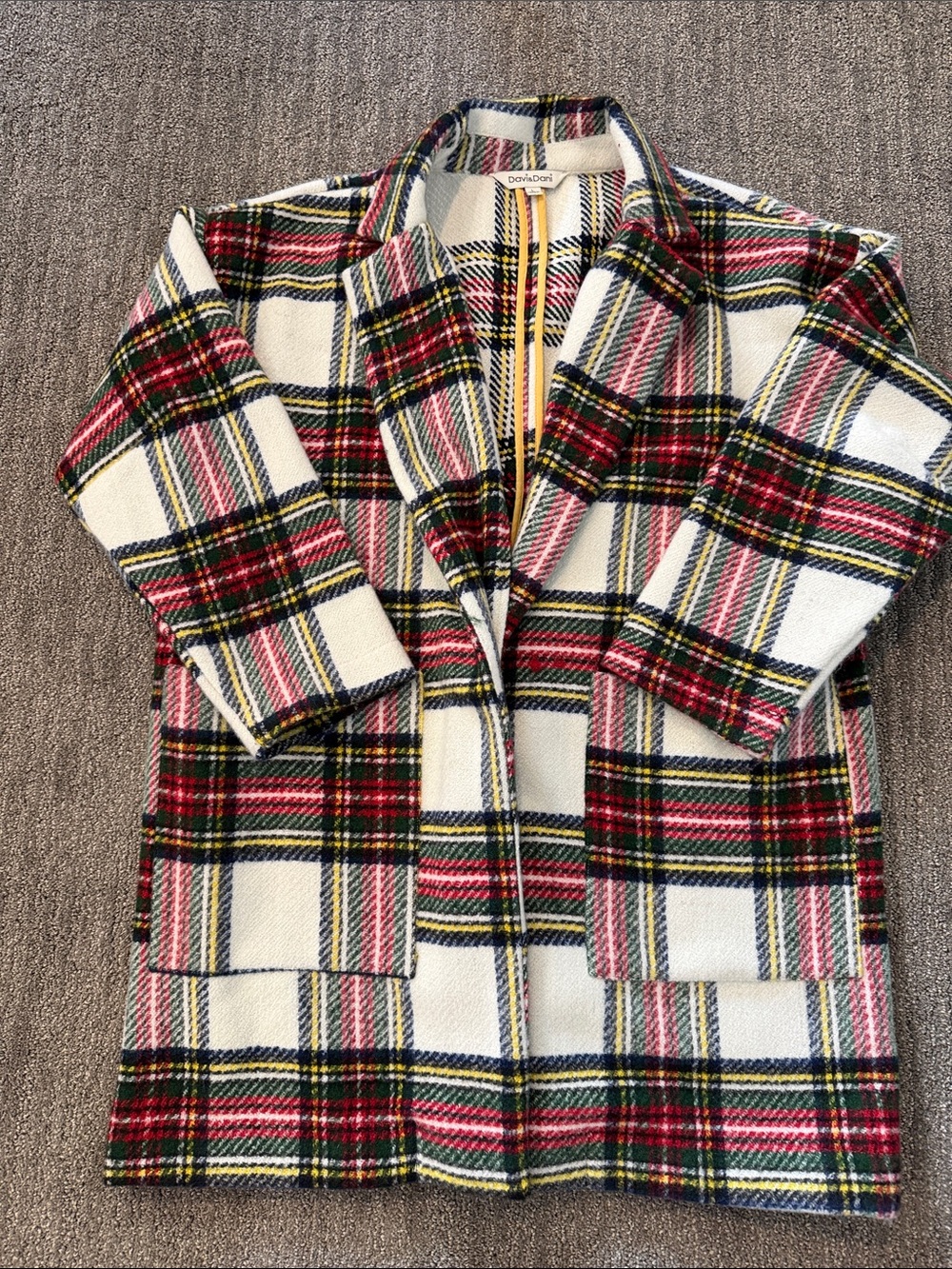 DAVI & DANI Cream and Red Plaid Girls' Pea Coat